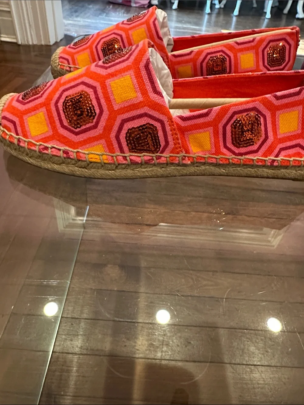 Tory Burch Cecily Embellished Orange & Hot Pink Geometric Sequin Espadrilles